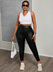 Slaydiva Plus Size Women Casual Sports PU Striped Patchwork Tight Ankle Black Leggings, Summer