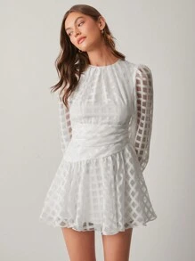 Enchnt 女士圆领长袖收腰优雅迷人时尚连衣裙 - 白色 - 查看 5