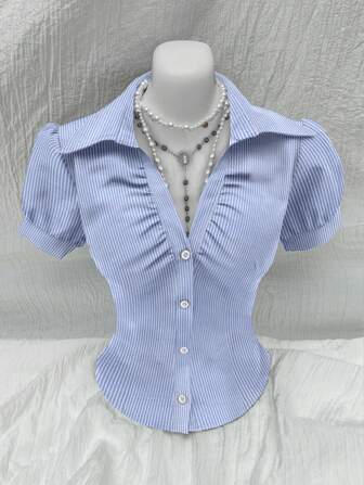 Sweetra V Neck Ruched Keyhole Front Fitted Short Sleeve Shirt, Fashionable And Versatile For Office,Short Sleeve Tops