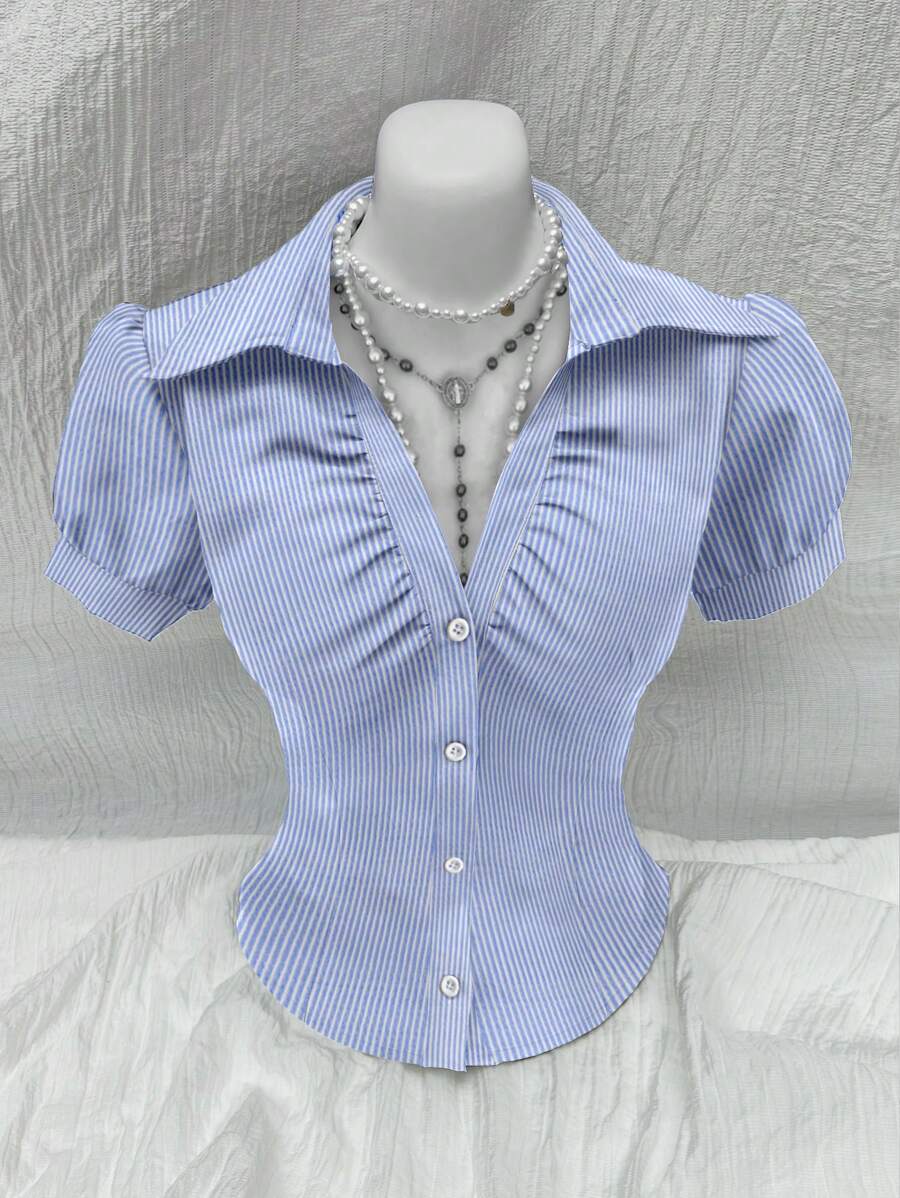 Sweetra V 领褶皱锁眼前贴身短袖衬衫，时尚百搭，适合办公室、短袖上衣