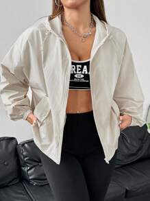 SHEIN EZwear Women's Plain Zip-Up Hooded Drawstring Jacket With Pockets, Casual Daily Wear