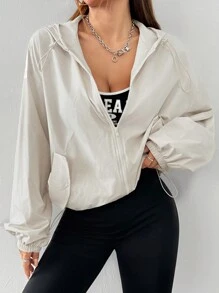SHEIN EZwear Women's Plain Zip-Up Hooded Drawstring Jacket With Pockets, Casual Daily Wear