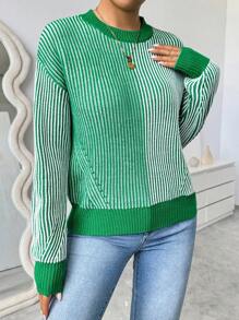 Chiquease 女士圆领长袖撞色条纹休闲宽松毛衣，针织套头衫，秋冬款 - 綠色 - 查看 6