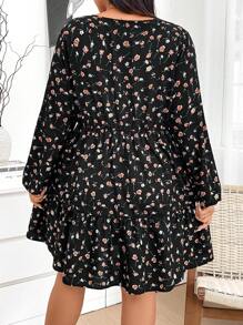 SHEIN LUNE Vestido de manga larga con cuello en V y volantes, con estampado floral desaliñado, para uso casual diario en otoño, en tallas grandes