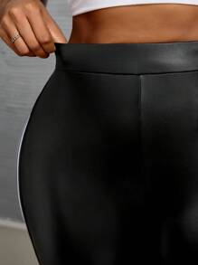 Slaydiva Plus Size Women Casual Sports PU Striped Patchwork Tight Ankle Black Leggings, Summer