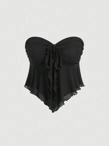 SHEIN MOD Plus Size Brown V-Neck Ruffle Hem Bowknot Crop Top