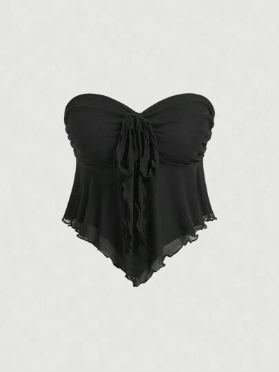 SHEIN MOD 大码棕色 V 领荷叶边下摆蝴蝶结短款上衣