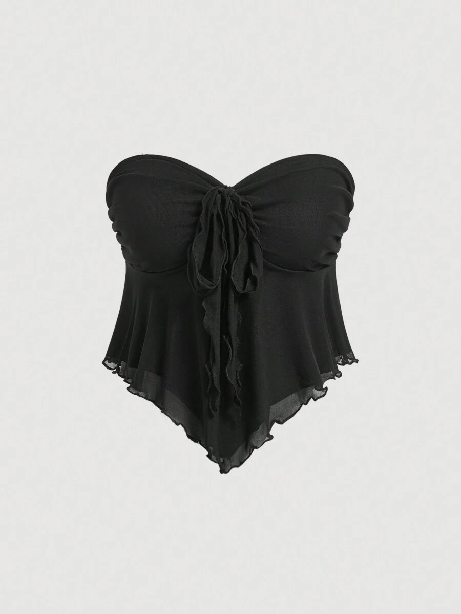 SHEIN MOD Plus Size Brown V-Neck Ruffle Hem Bowknot Crop Top