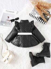 Baby Girls Plaid Long Sleeve Padded Coat - Black - View 2