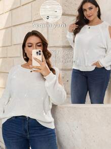 SHEIN LUNE Plus Solid Long Sleeve Rhinestone Sweater, Knit Pullover Fall Winter - White - View 1