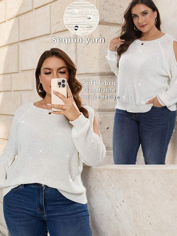 SHEIN LUNE Plus Solid Long Sleeve Rhinestone Sweater