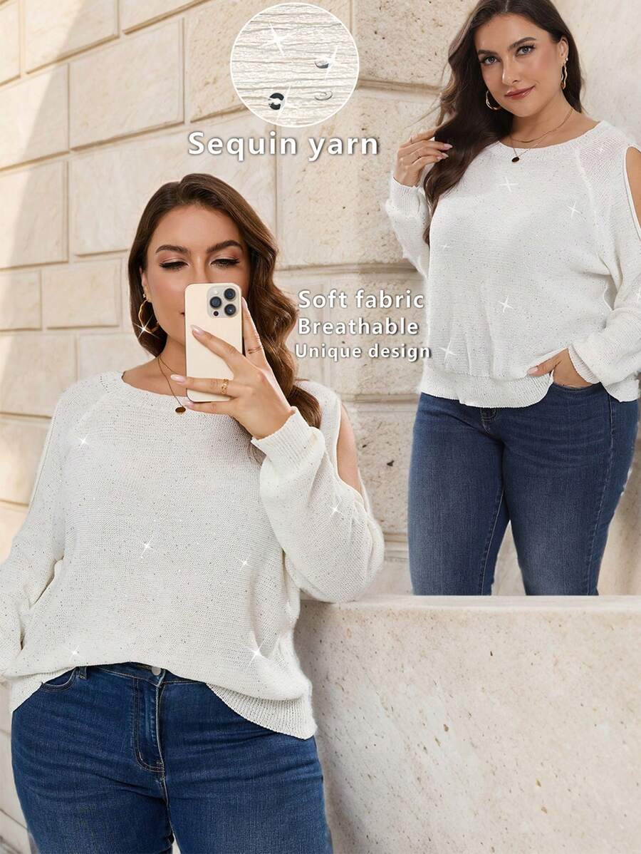 SHEIN LUNE Plus Solid Long Sleeve Rhinestone Sweater, Knit Pullover Fall Winter - White - View 1