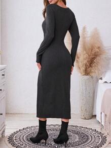 SHEIN LUNE Women's Round Neck Long Sleeve Slit Fitted Elegant Pleated Midi Dress - Dark Grey - View 2