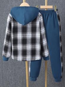 SHEIN 2 件套 Tween Boy 休闲格子拼布连帽上衣和裤子套装，春季/秋季