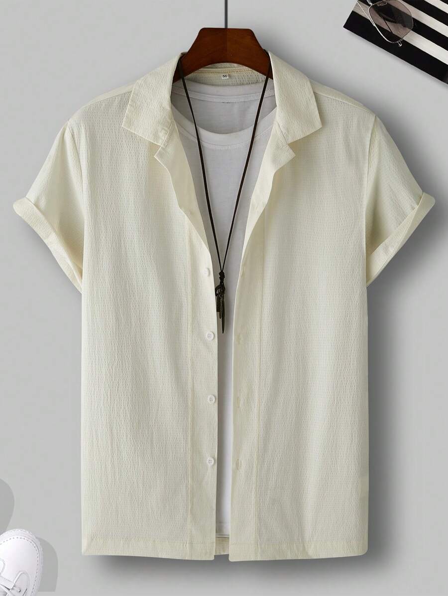 Manfinity Homme 男士短袖寬鬆純色翻領鈕扣休閒襯衫，適用於夏季