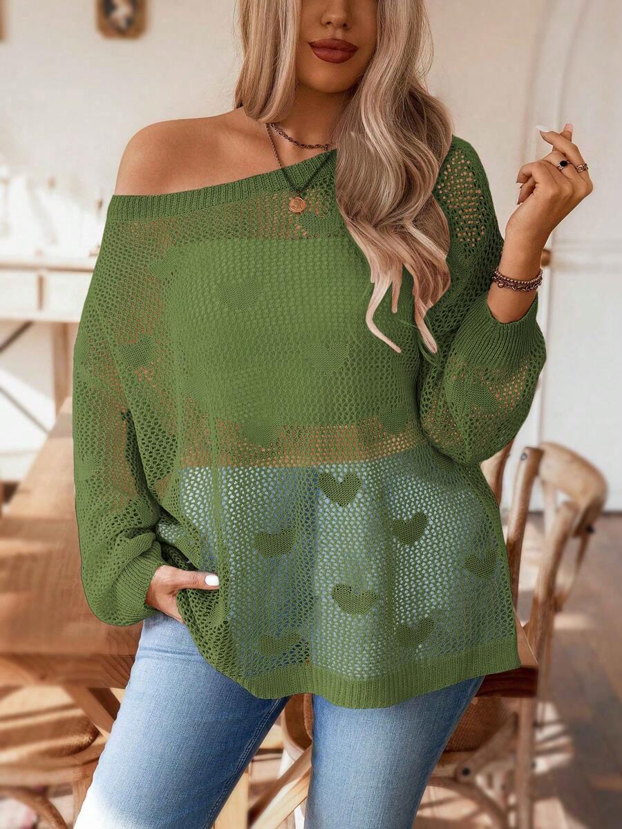 SHEIN Clasi Plus Size Casual Solid Color Hollow-Out Knit Sweater Knit Pullover Fall Winter Outfit - Army Green - View 1