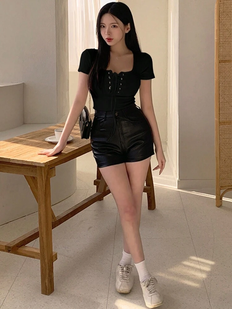 Women's Solid Color Lace-Up Sweetheart Neck Drawstring Tie-Front Summer Short Sleeve T-Shirt Preppy Tops