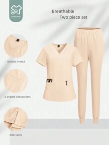 TaskEZ 2 chiếc áo cổ chữ V chắc chắn có túi và quần Bộ đồng phục điều dưỡng - Màu be - Xem 2
