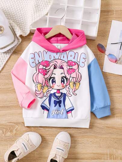 年轻女孩拼色连帽宽松休闲运动衫