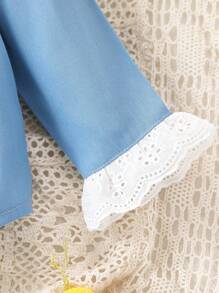 SHEIN 女婴舒适休闲彼得潘领花袖口纽扣式蓝色衬衫