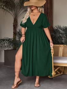 SHEIN VCAY Váy tay ngắn hở lưng cổ chữ V xẻ viền màu trơn cỡ lớn, mùa hè - Màu xanh lá cây đậm - Xem 4