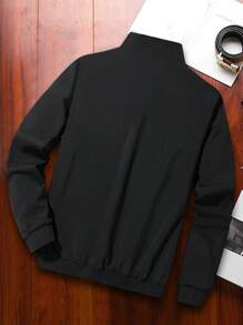 Manfinity Homme Men Solid Color Zipper Casual Long Sleeve Bomber Jacket, Light Jacket, Plain, Husband, Going Out, Fall - Black - View 2