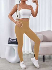 SHEIN Unity Women's Solid Color Distressed Basic Leggings, Casual Everyday Wear Fall Cloth For Women - Brown - View 3