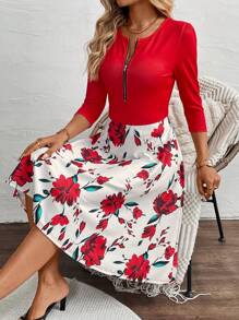 SHEIN Clasi 女式春夏时尚花卉印花拼色连衣裙 - 彩色 - 查看 4