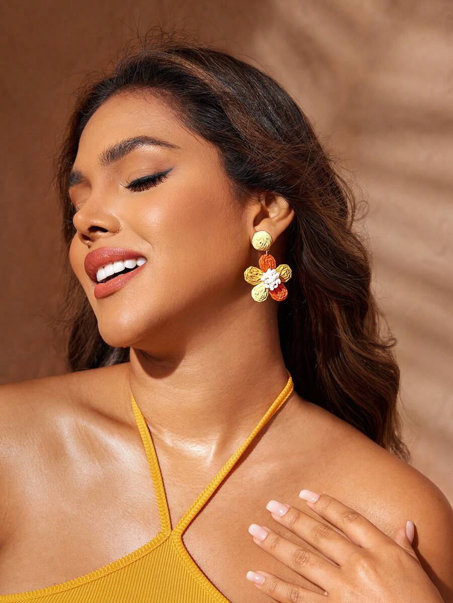 SHEIN VCAY 1pair Bohemian Style Vacation Big Flower Drop Earrings