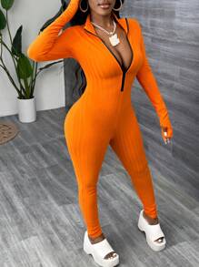 Slaydiva Minimalist Casual Basic Athletic Mock Neck Zippered Long Sleeve & Ankle Cuff Ribbed Stretchy Fitted Jumpsuit - Orange - Orange - View 5