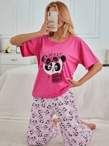 RueChic Ensemble pyjama femme avec t-shirt à manches courtes imprimé lettres et panda de dessin animé, et pantalon