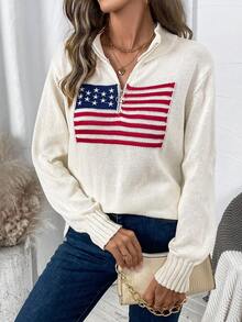SHEIN LUNE Jersey holgado de punto casual con cierre de media cremallera y estampado de bandera de los Estados Unidos para mujer, otoño/invierno - Beis - Ver 3
