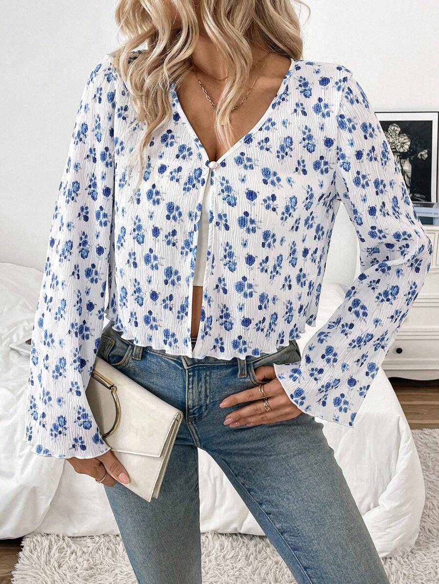 Chiquease Women's Random Floral Print Single Button Front Long Sleeve Casual Shirt - Blue and White - View 1