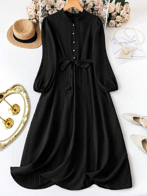 SHEIN LUNE Plus Size Solid Color Collared Belted Long Sleeve Dress Maxi Women Outfit