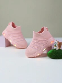 1双婴儿透气条纹布面运动鞋，带LED灯鞋底，套脚式学步鞋，户外休闲鞋 - 粉色 - 查看 4