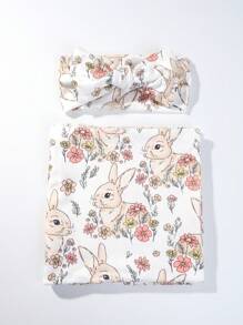 SHEIN Newborn Photography Props Set, Bunny Pattern Printed Summer Infant Baby Swaddle Wrap + Headband - Multicolor - View 8