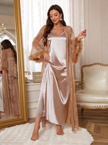 Slumberist 女士 3 件套蕾丝撞色镂空睡袍、缎面睡袍和短裤睡衣套装 - 卡其色 - 查看 14