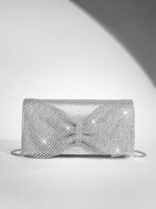 SHEIN BAE 蝴蝶結三摺晚宴手拿包，簡約時尚，適用於女性日常派對 - 銀色 - 查看 1