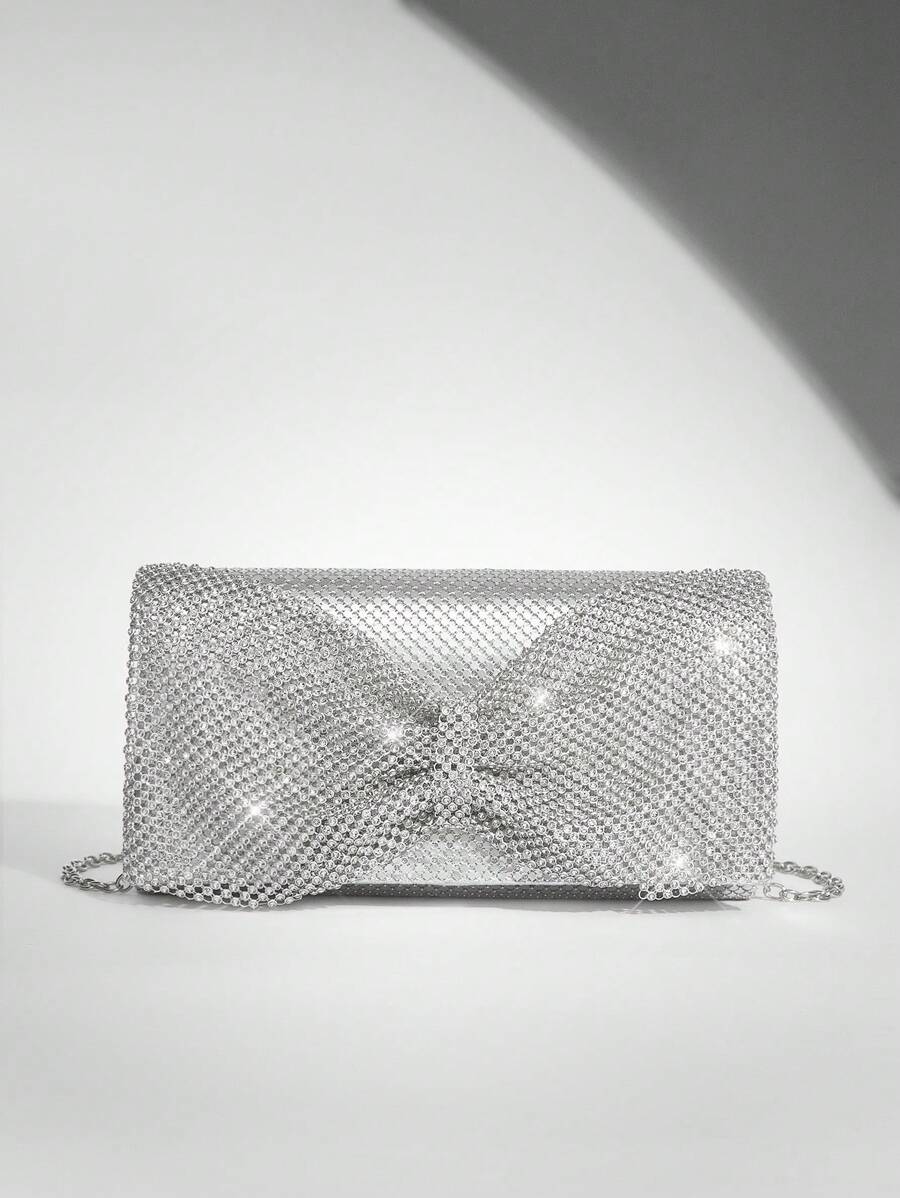 SHEIN BAE 蝴蝶結三摺晚宴手拿包，簡約時尚，適用於女性日常派對 - 銀色 - 查看 1