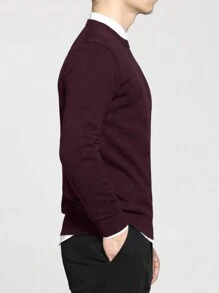 Manfinity Mode 男士纯色圆领长袖休闲毛衣，秋冬 - 酒紅色 - 查看 3