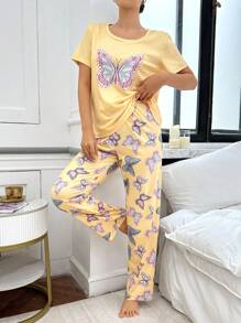Butterfly Printed Short Sleeve Pajama Set - Yellow - View 6