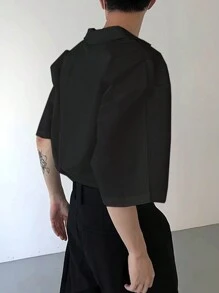Camisa negra de manga corta minimalista y casual de unicolor para hombres - Negro - Ver 2