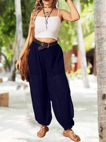 SHEIN Holidaya Quần dài thường ngày lưới màu trơn cỡ lớn có đường xẻ tà ở đùi - Màu xanh hải quân - Xem 4