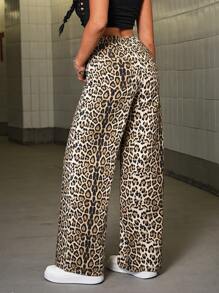 SHEIN PETITE 女士牛仔裤休闲宽松豹纹阔腿裤棉质、豹纹牛仔裤、宽松女士牛仔裤、可爱牛仔裤、豹纹裤、万圣节服装 - 彩色 - 查看 2
