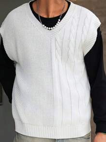 Manfinity Roghcode 男士休闲纯色毛衣背心，春季/秋季 - 杏色 - 查看 6