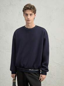 AKNOTIC Business Casual Men's Casual Loose Crew Neck Sweatshirt With Letter Print - Blue, For Fall Winter - Navy Blue - View 5