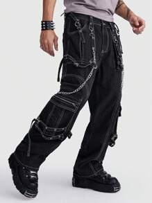 ROMWE MEN ROMWE Avant Men's Front Button Multi-Pocket Zipper Chain Decorated Denim Jeans, Casual Daily Wear - Black - View 1
