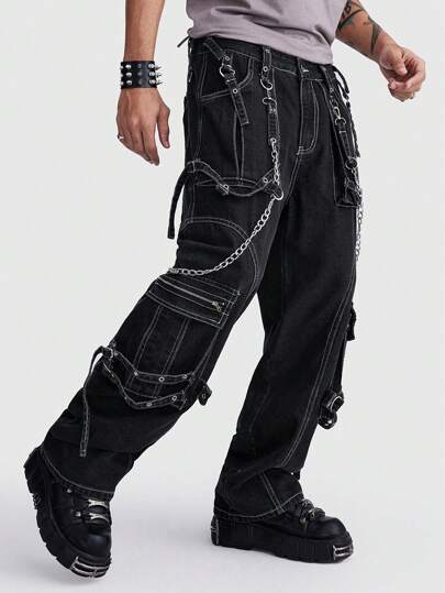 ROMWE Avant Men's Front Button Multi-Pocket Zipper Chain Decorated Denim Jeans, Casual Daily Wear