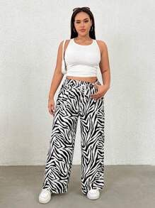 SHEIN EZwear 大码休闲斑马纹宽松亚麻质感黑白裤子 - 黑與白 - 查看 3