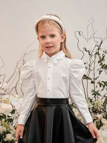 SHEIN Leap Crew 年輕女孩對比花邊泡泡袖襯衫